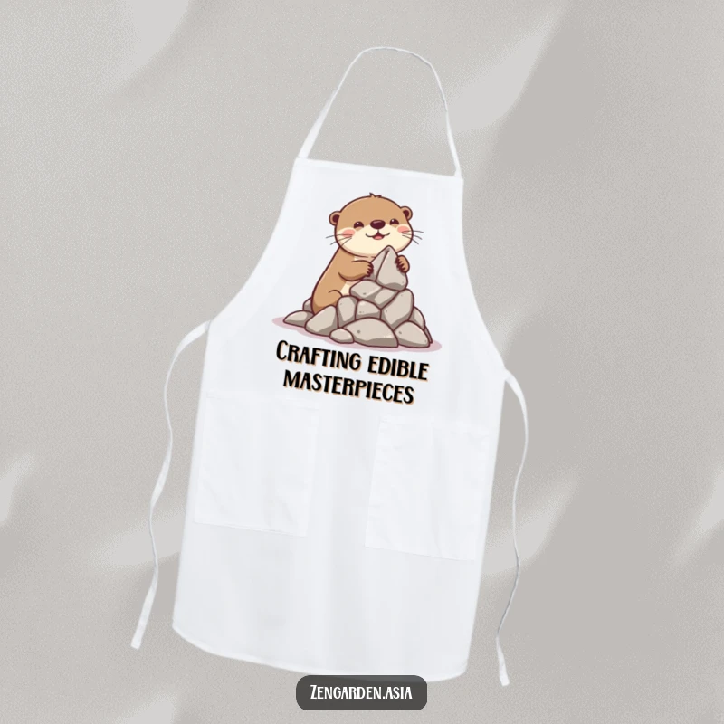 Funny Otter Builder Apron: A playful otter grins while stacking rocks to build a miniature formation, ready for kitchen tasks.