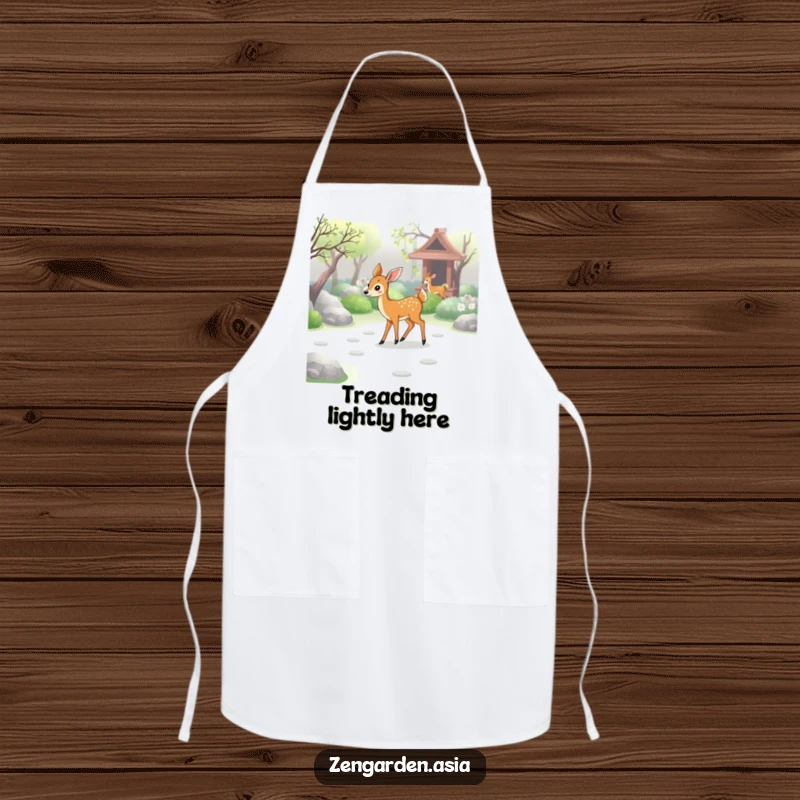 Funny deer zen apron, a graceful deer walking through a zen garden, leaving paw prints, protecting clothes during cooking.