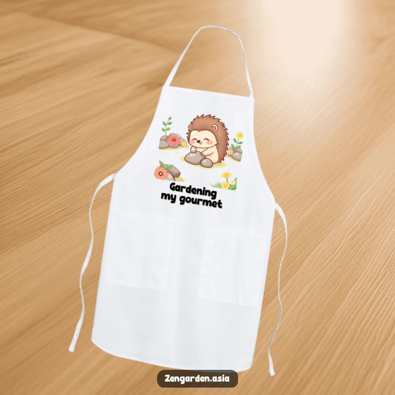 Funny happy hedgehog placing stones in a tranquil garden, displayed on a practical and humorous kitchen apron.