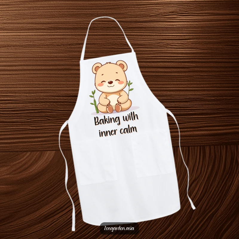 Funny meditating bear cub apron, a happy cub in a zen pose in the kitchen, with a tiny bamboo shoot, perfect for cooking.