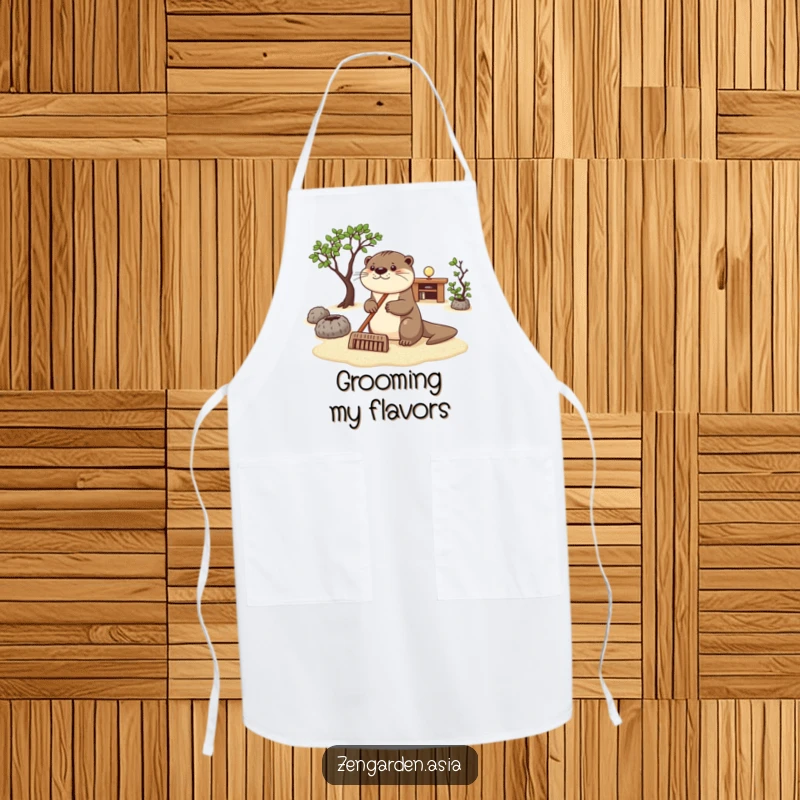 Funny otter zen apron, a happy otter raking sand in a zen garden, protecting clothes during culinary creations.