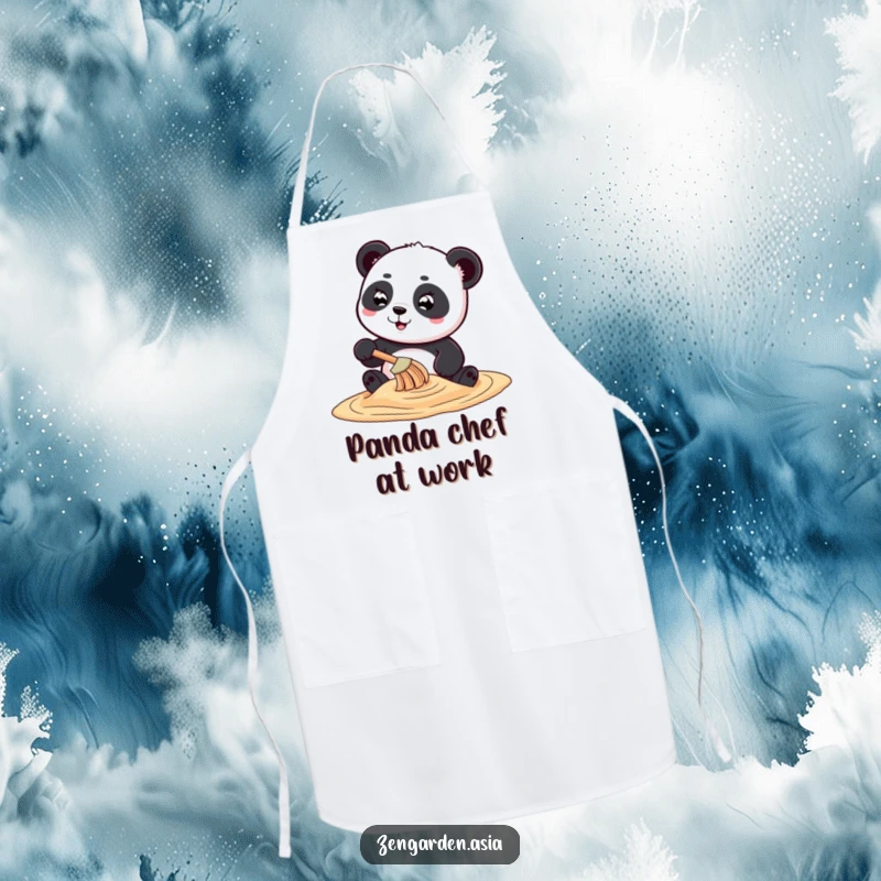 Funny playful panda character using a tiny rake to create swirling sand art, displayed on a practical and humorous apron.