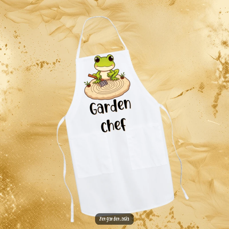 Funny Frog Zen Master Apron depicting a frog carefully raking a miniature sand garden, for mindful crafters.