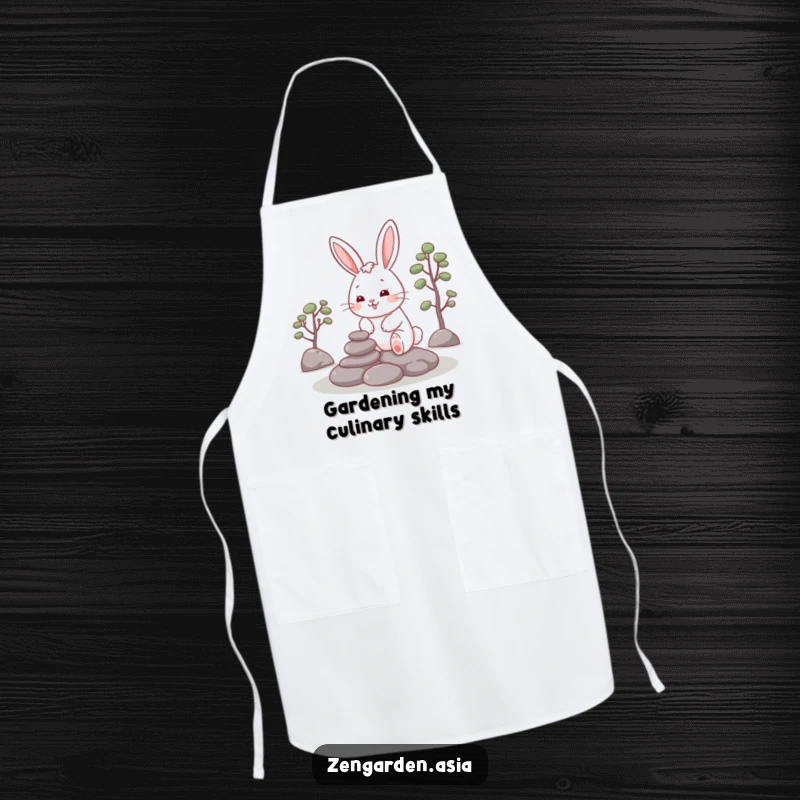 Funny Rabbit Zen Apron: A cheerful rabbit grins while carefully placing stones in a zen garden, ready for kitchen tasks.
