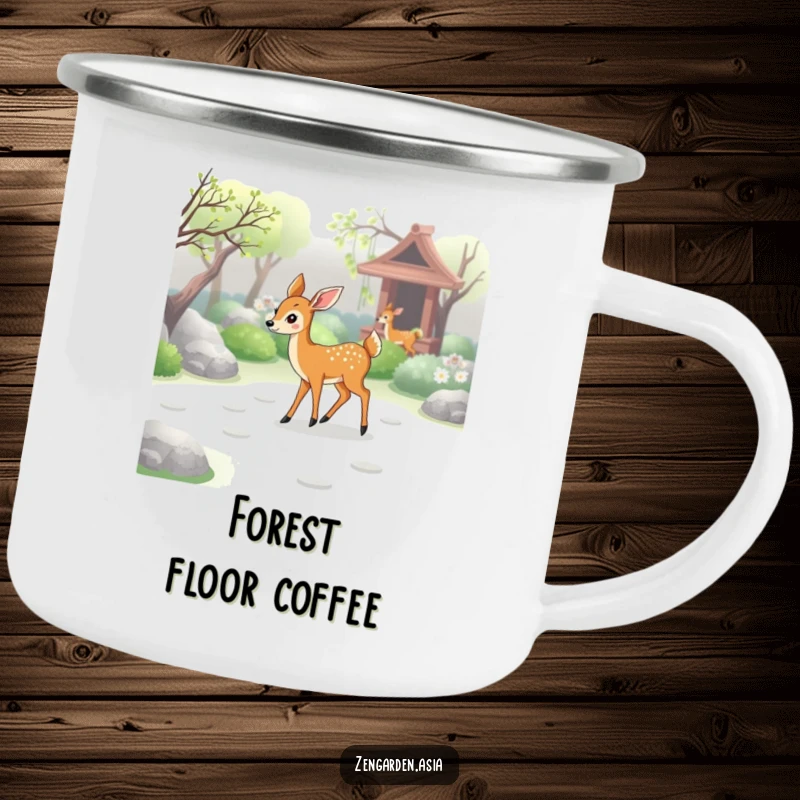 Funny deer zen camping mug, a graceful deer walking through a zen garden, leaving paw prints, durable for outdoor use.