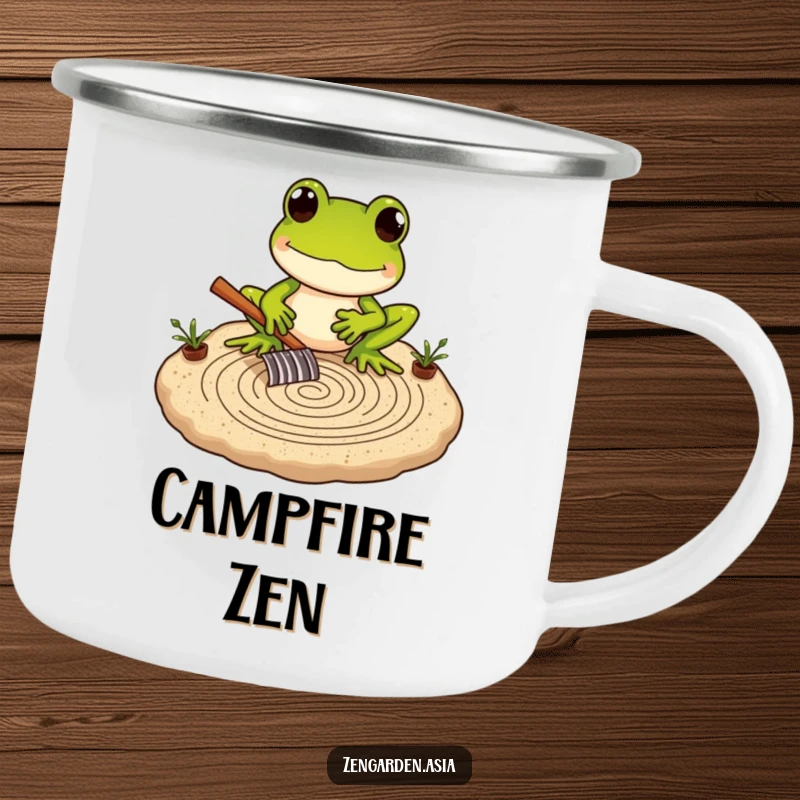 Funny Frog Zen Master Camping Mug showing a frog carefully raking a miniature sand garden, ready for mindful journeys.