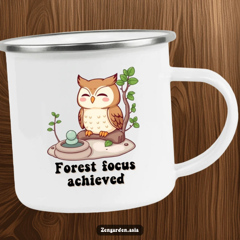 Funny owl character meditating in a Zen garden, designed for a durable and humorous camping mug.