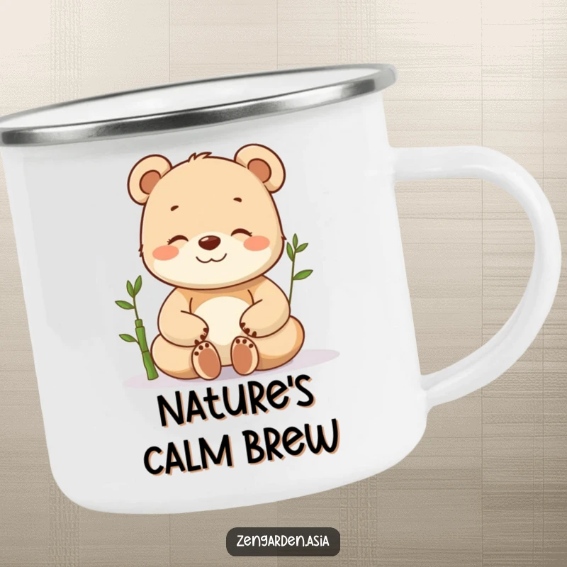 Funny meditating bear cub camping mug, happy and serene on a mountain trail with a small bamboo shoot, embodying peace.