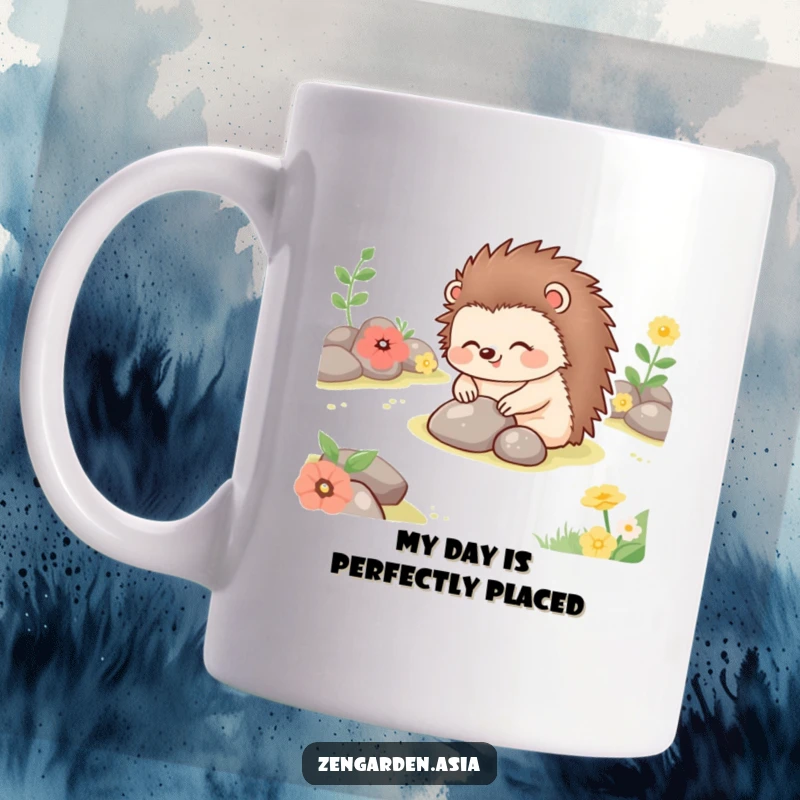 Funny happy hedgehog carefully placing stones in a tranquil garden, looking content and focused.