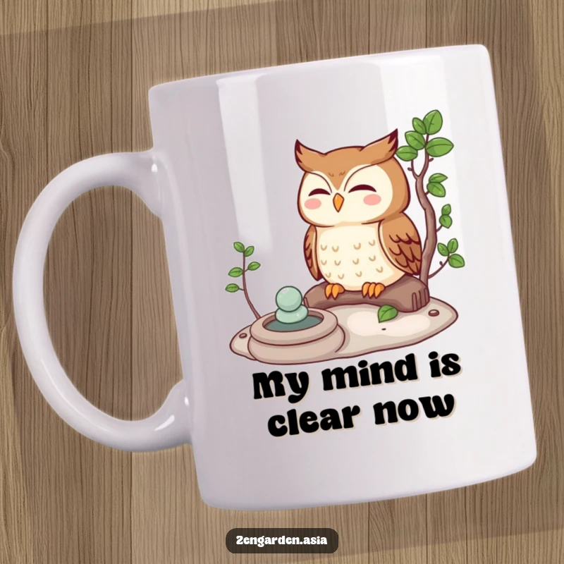 Funny meditating owl character finding zen in a peaceful garden setting, looking incredibly calm and wise.