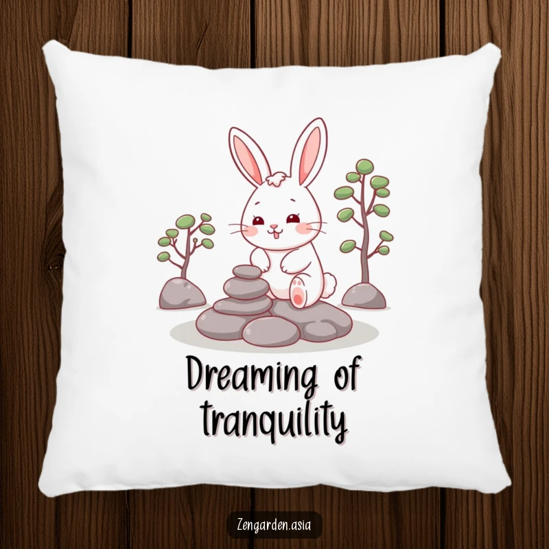 Funny Rabbit Zen Pillow: A cheerful rabbit smiles while placing stones in a zen garden, offering comfortable, humorous relaxation.