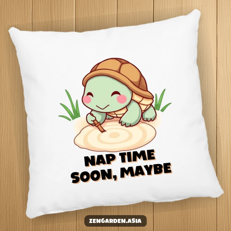 Funny Turtle Zen Pillow: A tiny turtle smiles while raking a zen pattern, offering comfortable, humorous relaxation for your space.