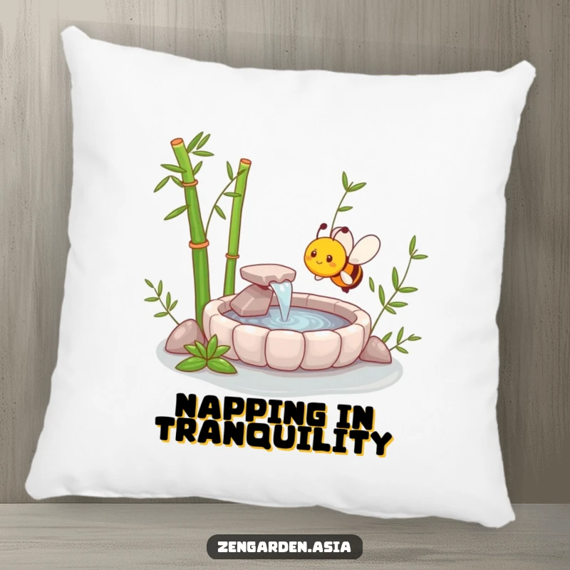 Funny Zen Bee Pillow showcasing a cheerful bee near a miniature zen garden bamboo fountain, adding a humorous and tranquil touch.