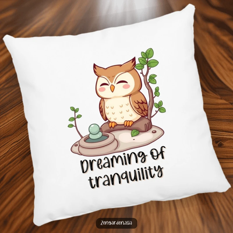 Funny owl character meditating peacefully in a Zen garden, featured on a soft and humorous decorative pillow.