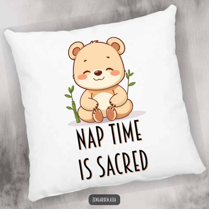 Funny happy bear cub pillow, meditating with eyes closed, a tiny bamboo sprout on it, offering comfort and a playful vibe.
