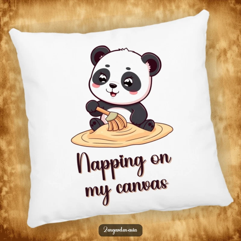 Funny playful panda character creating swirling sand art with a tiny rake, featured on a soft and humorous decorative pillow.