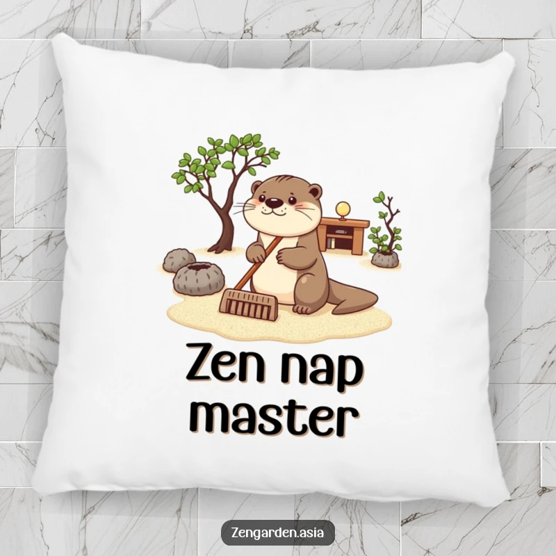 Funny otter zen pillow, a happy otter raking sand in a zen garden, soft cushion for relaxation and calm.