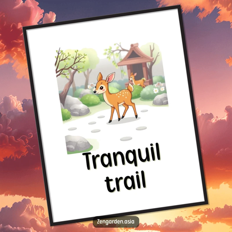 Funny deer zen digital art print, a graceful deer walking through a zen garden, leaving gentle paw prints, high-resolution.