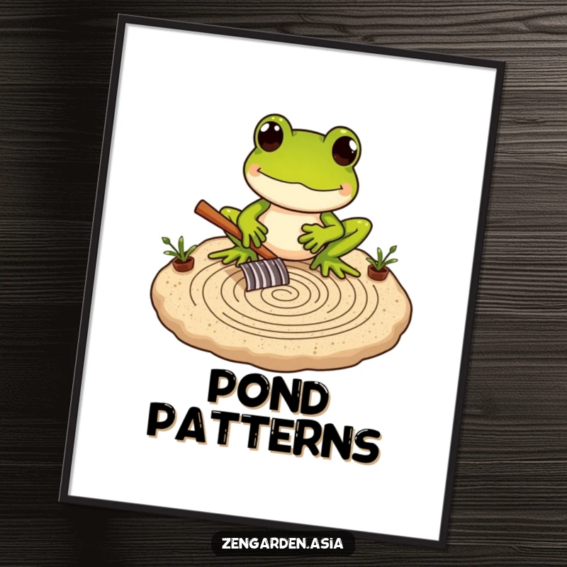 Funny Frog Zen Master Digital Art Print of a frog carefully raking a miniature sand garden, ready to inspire calm.