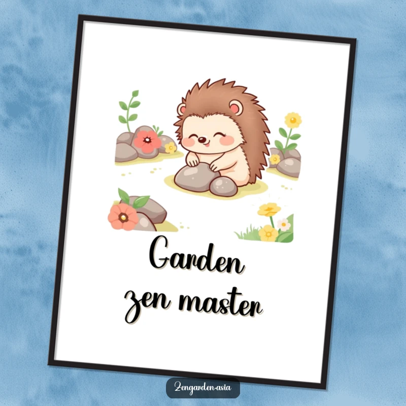 Funny happy hedgehog gently placing stones in a tranquil garden setting, offered as a humorous and downloadable digital art print.