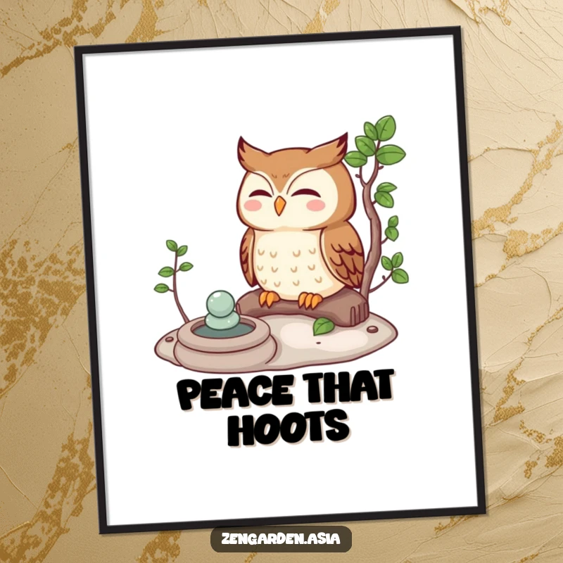 Funny owl character meditating peacefully in a small Zen garden, offered as a humorous and downloadable digital art print.