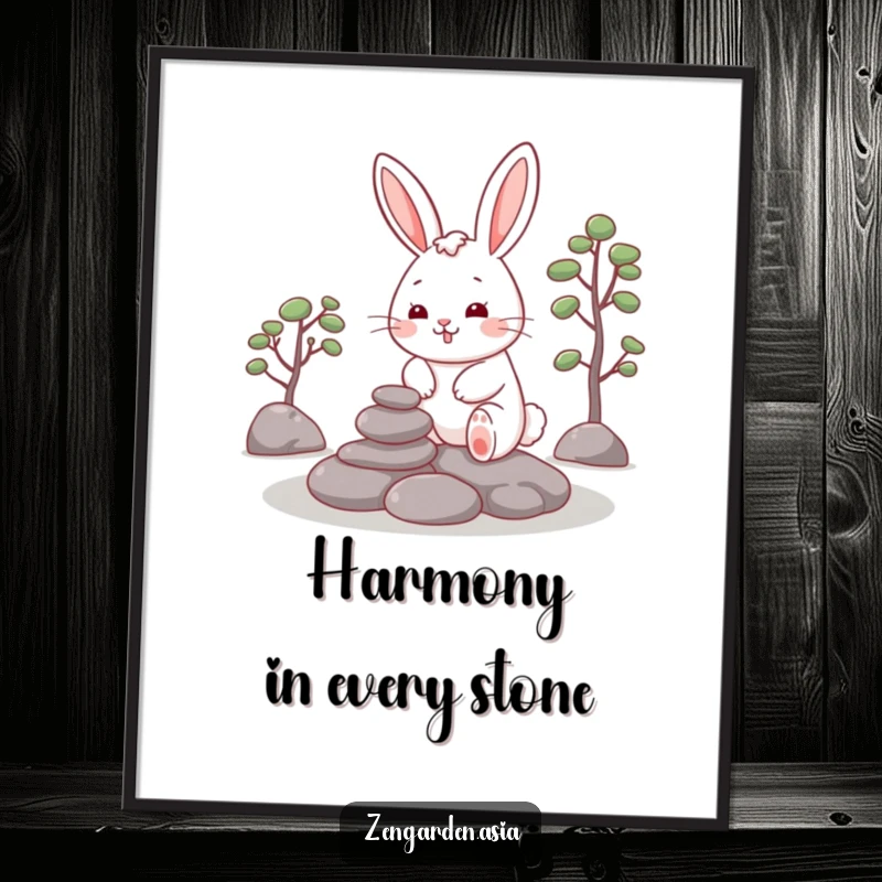 Funny Rabbit Zen Digital Print: A cheerful rabbit meticulously places stones in a zen garden, ready for printing.