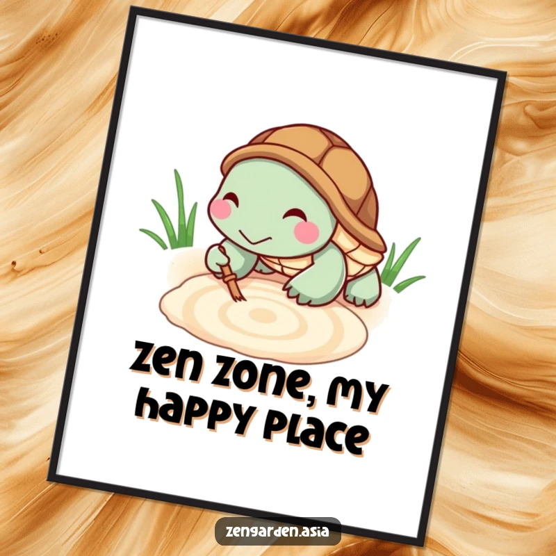 Funny Turtle Zen Digital Print: A tiny, grinning turtle meticulously rakes a zen pattern in a sandbox, ready for printing.
