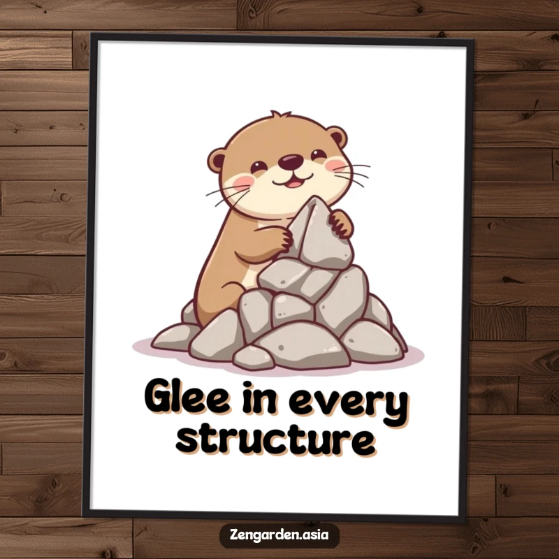 Funny Otter Builder Digital Print: A playful otter meticulously stacks rocks to build a miniature formation, ready for printing.