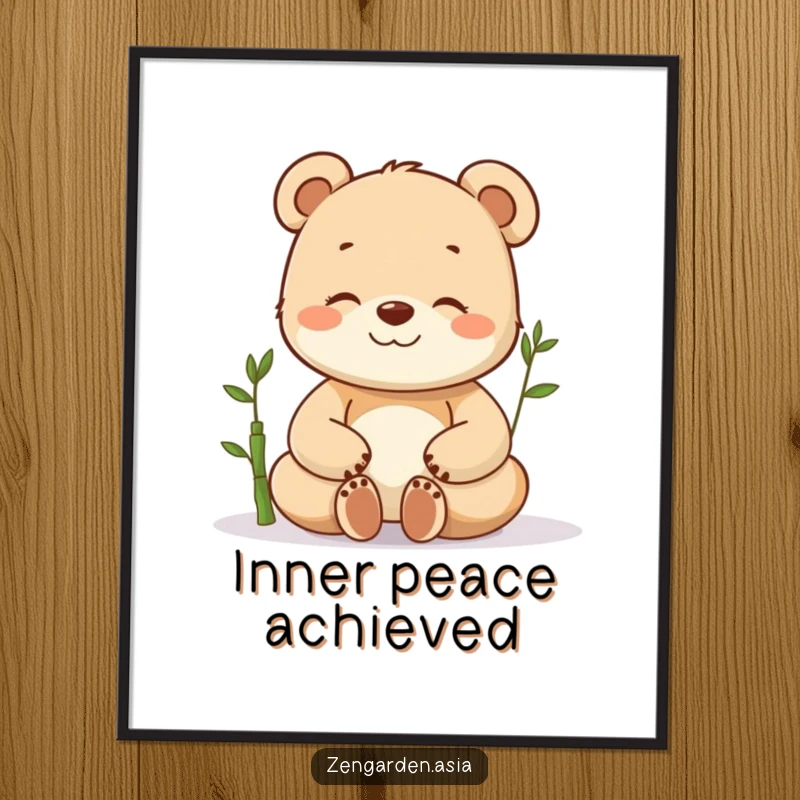 Funny meditating bear cub digital art print, a happy cub in deep zen pose with a tiny bamboo shoot, conveying joy and calm.
