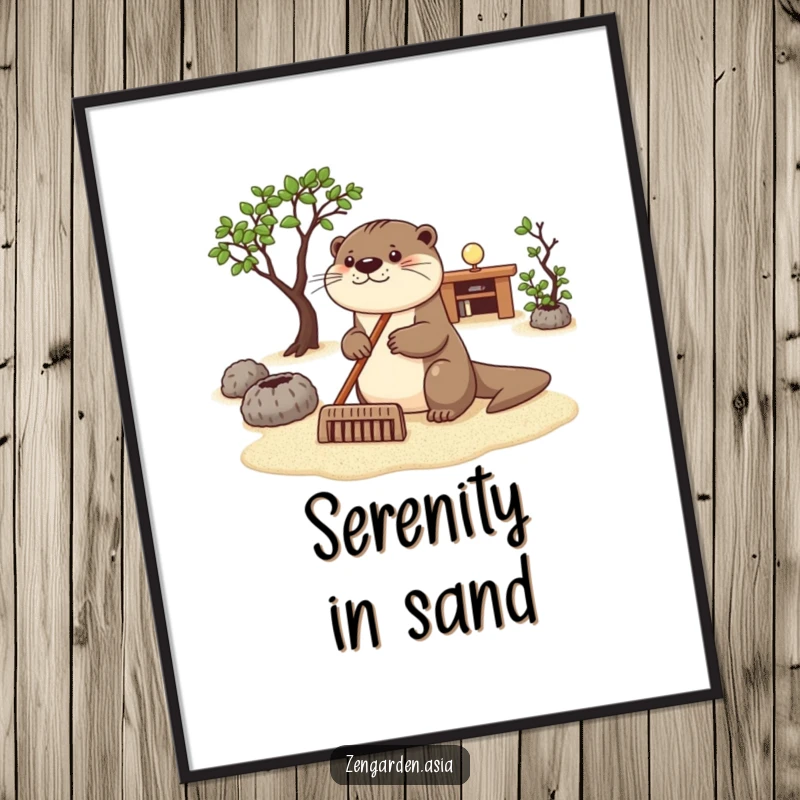Funny otter zen digital art print, a happy otter calmly raking sand in a tranquil zen garden, high-resolution, printable.