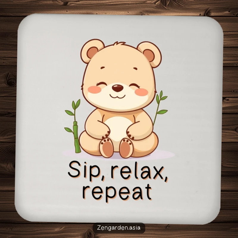 Funny happy bear cub drink coaster, meditating peacefully near a tiny bamboo sprout, protecting surfaces with zen and humor.