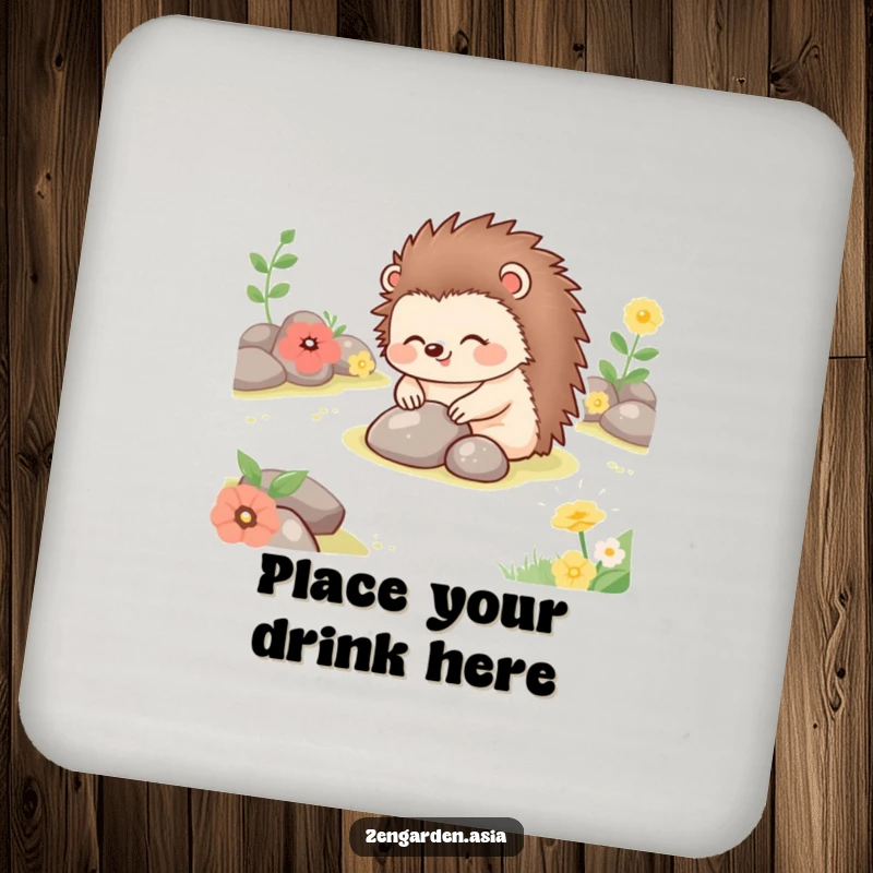 Funny happy hedgehog placing stones in a tranquil garden, featured on protective and humorous drink coasters.