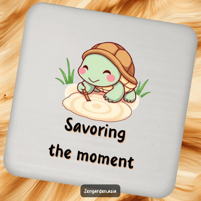 Funny Turtle Zen Coaster: A tiny turtle grins while raking a zen pattern in sand, protecting your table with calm.