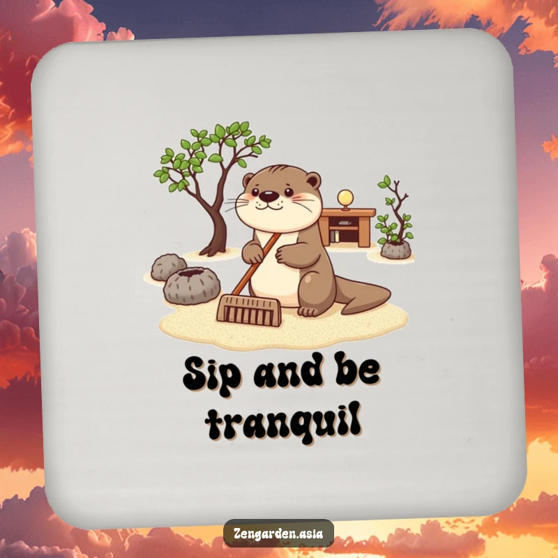 Funny otter zen coaster, a happy otter raking sand in a zen garden, protecting surfaces, decorative item.