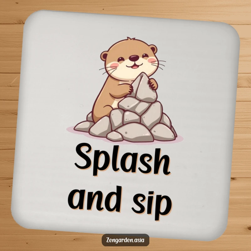 Funny Otter Builder Coaster: A playful otter gleefully stacks rocks to build a formation, protecting your table with charm.