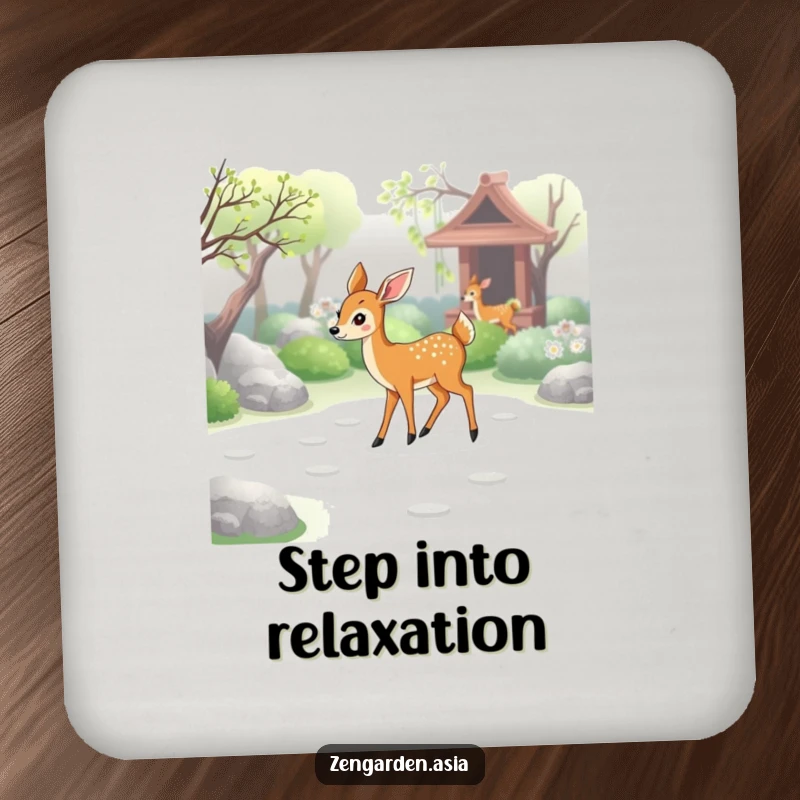 Funny deer zen coaster, a graceful deer walking through a zen garden, leaving paw prints, protecting surfaces, decorative.