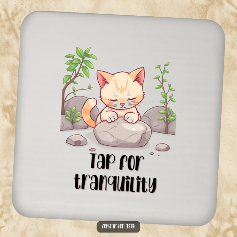 Funny cat zen coaster, a curious cat gently patting a stone in a zen garden, protecting surfaces, decorative item.
