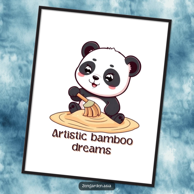 Funny playful panda character creating intricate swirling sand art with a tiny rake, presented as humorous wall art.