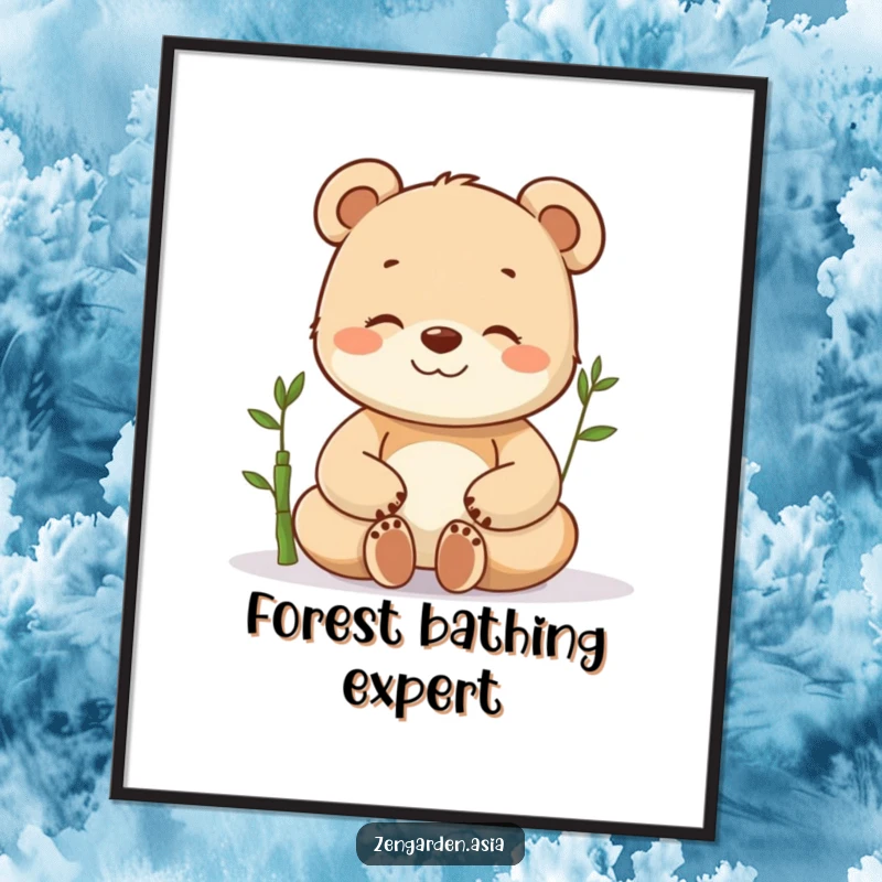 Funny meditating bear cub poster art, a happy cub in deep meditation, a small bamboo shoot nearby, bringing zen and humor.