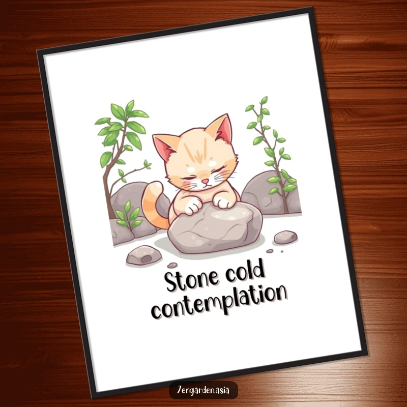 Funny cat zen poster, a curious cat gently patting a smooth stone in a calm zen garden, serene wall art.