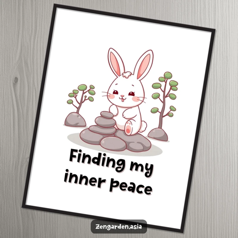 Funny Rabbit Zen Poster: A cheerful rabbit beams with satisfaction as it carefully places stones in a zen garden, bringing calm.