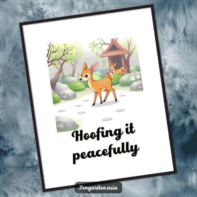Funny deer zen poster, a graceful deer walking through a calm zen garden, leaving gentle paw prints, serene wall art.