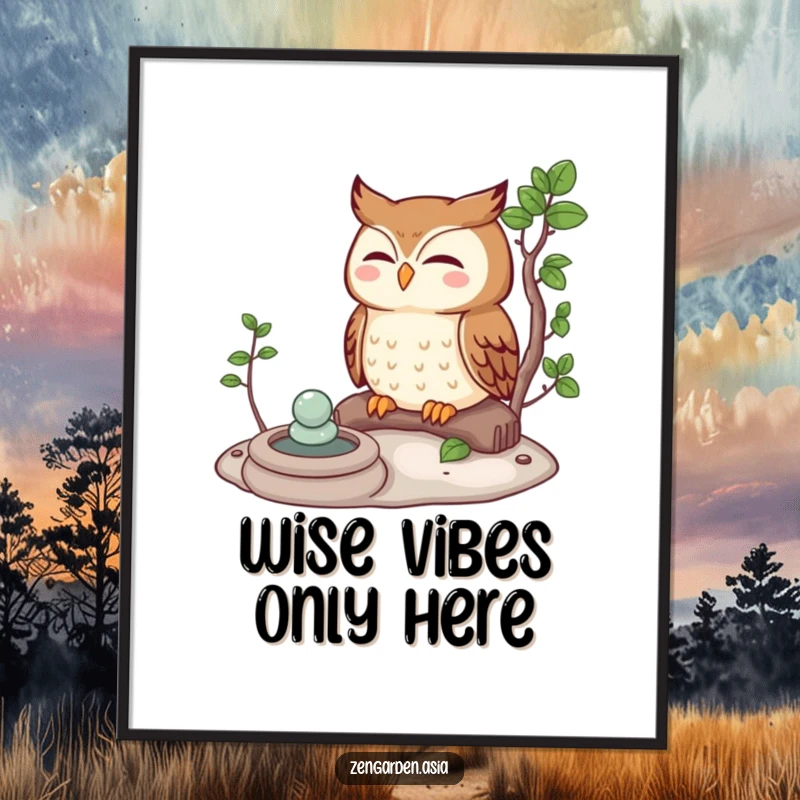 Funny owl character meditating peacefully within a miniature Zen garden, presented as humorous and calming wall art.