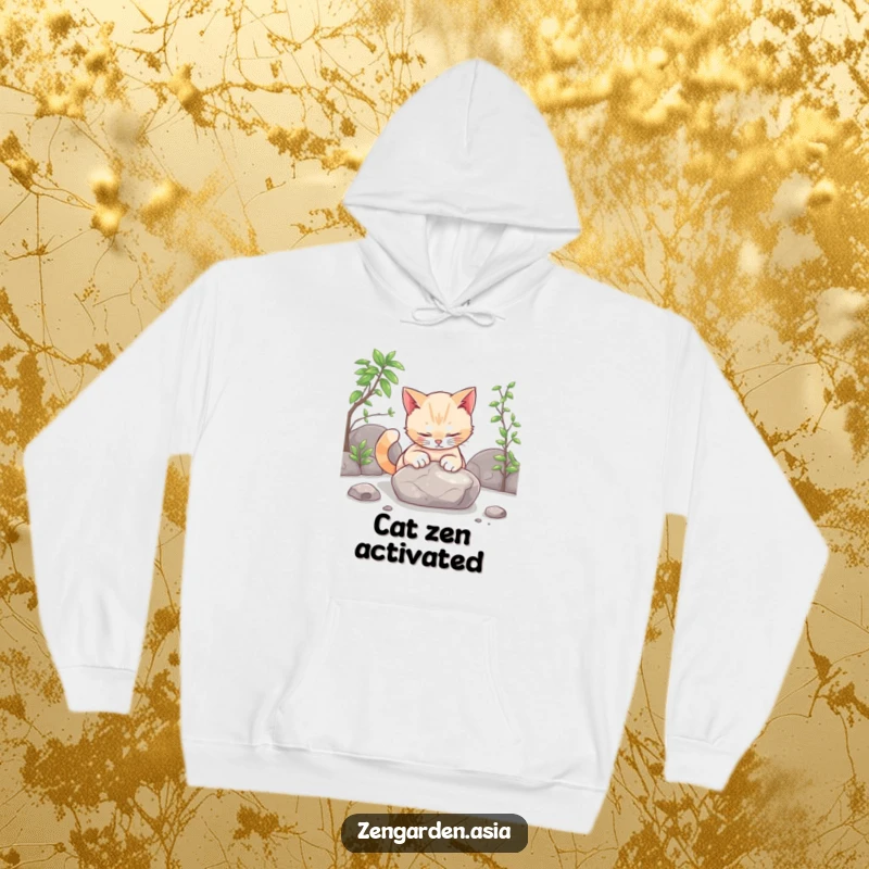 Funny cat zen hoodie, a curious cat gently interacting with a stone in a zen garden, soft and relaxing.
