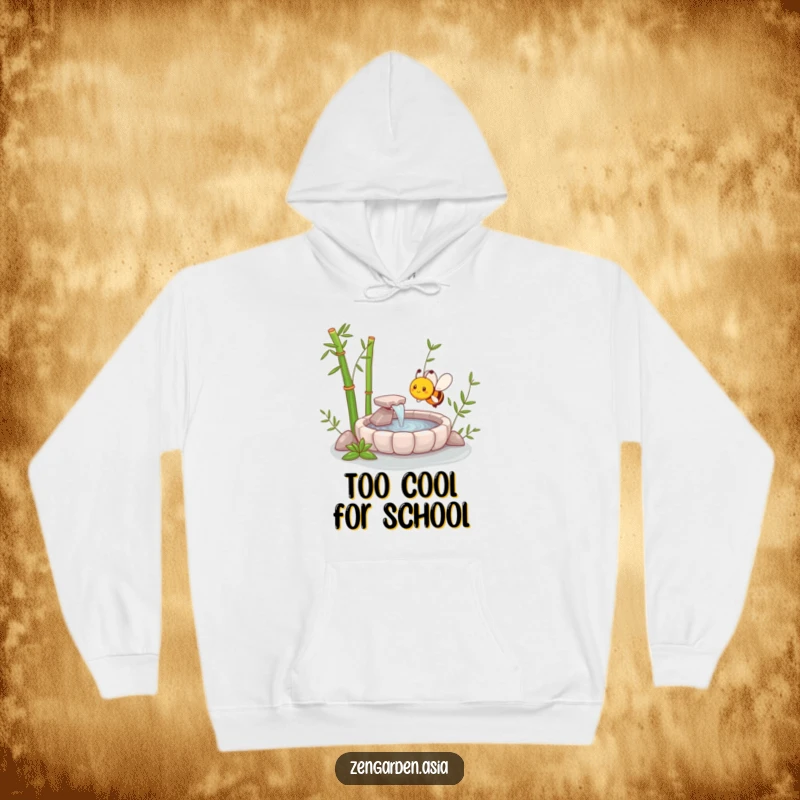 Funny Zen Bee Hoodie depicting a happy bee exploring a miniature zen garden with a tranquil bamboo fountain, ideal for cozy laughs.
