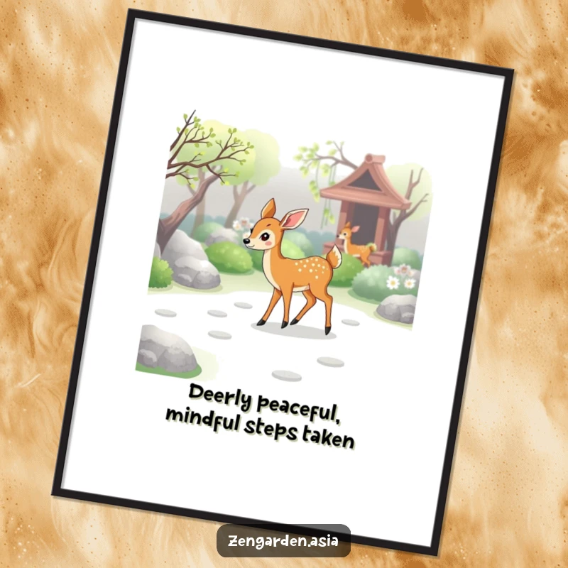 Graceful Free Printable Wall Art: Deer walks through a serene zen garden, leaving subtle paw prints, creating a calming and beautiful scene.