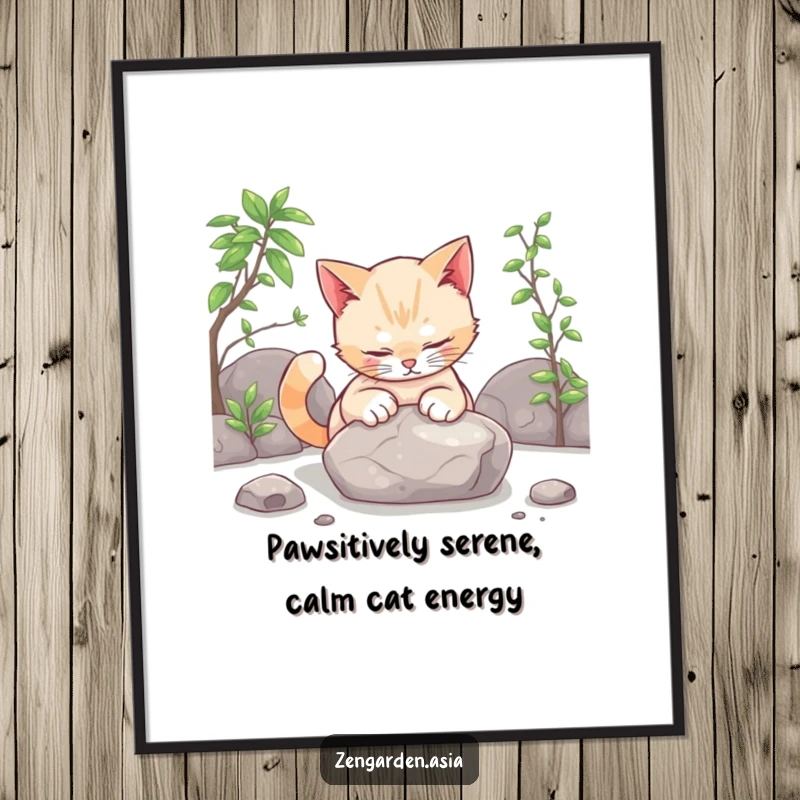 Funny Free Printable Wall Art: Curious cat gently pats a smooth stone in a calm zen garden, radiating peaceful and humorous vibes.