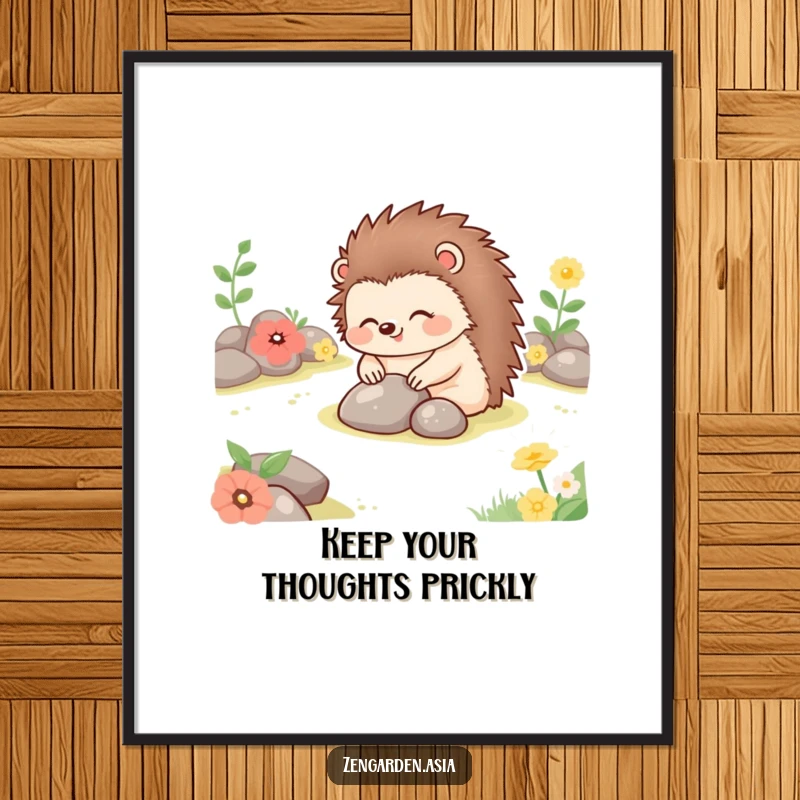 Funny free printable wall art depicting a happy hedgehog placing stones in a tranquil garden, adding whimsical charm to any room.