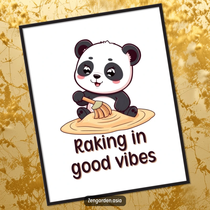 Funny free printable wall art of a playful panda creating intricate sand art with a tiny rake, adding whimsical decor.