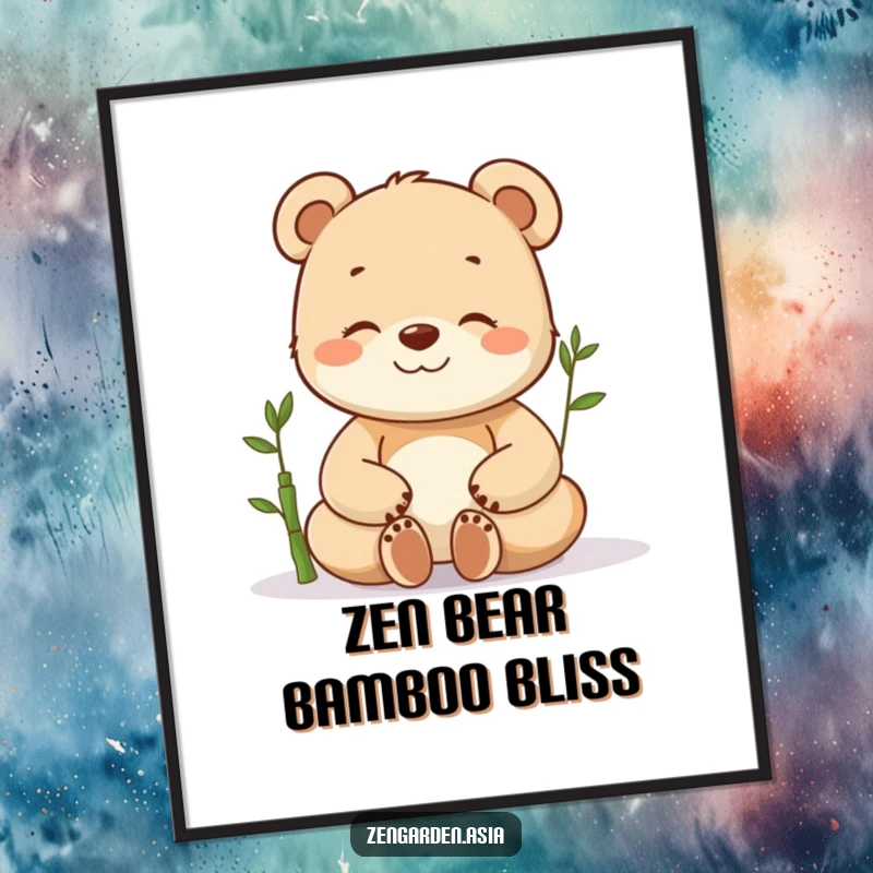 Funny Free Printable Wall Art featuring a content bear cub meditating beside a miniature bamboo shoot, perfect for zen decor.
